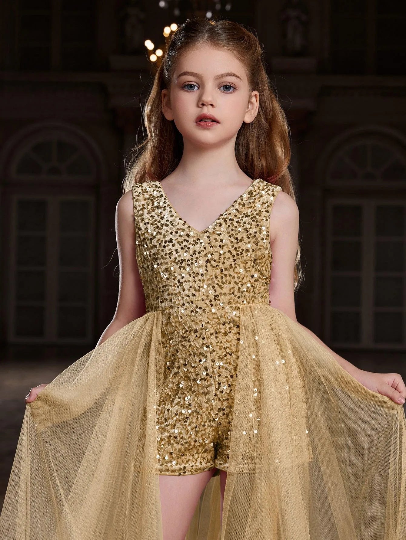 Additional product view of Mesh Overlay V-Neck Sequin Sleeveless Tween Girls' Formal Romper