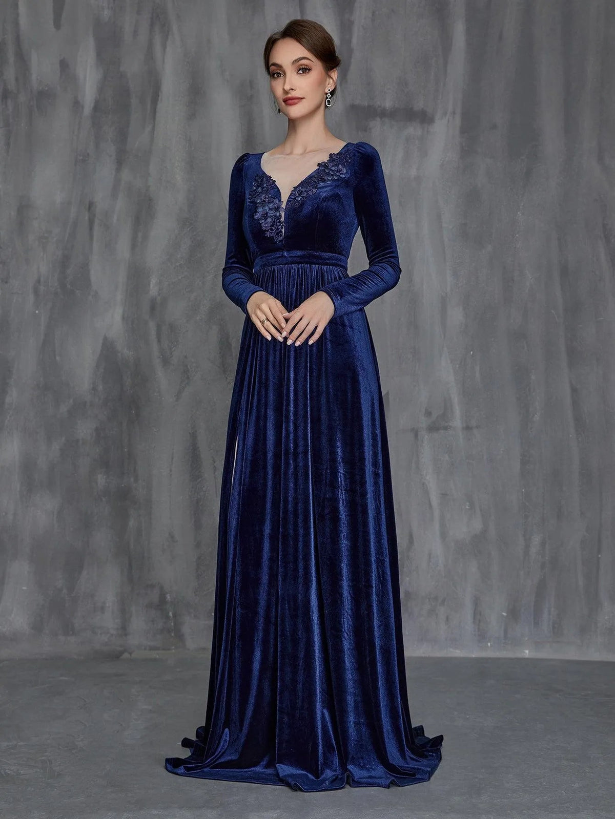 Additional product view of High-Slit Velvet Sweetheart-Neck Long-Sleeve A-Line Mother-of-the-Bride Dress