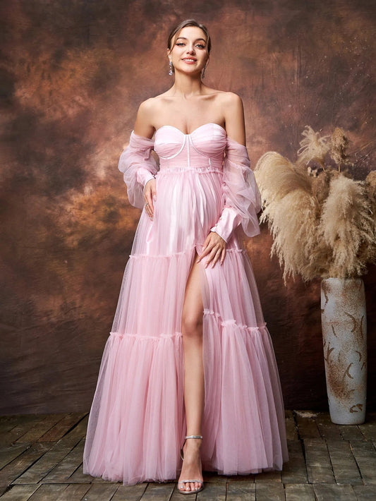 Maternity Off-Shoulder Bishop Sleeve Split Tulle Evening Dress — authorized product image 1