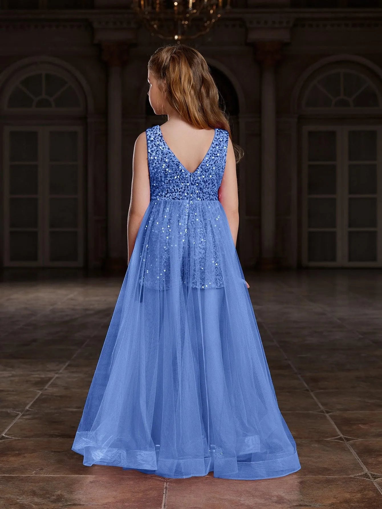 Additional product view of Mesh Overlay V-Neck Sequin Sleeveless Tween Girls' Formal Romper