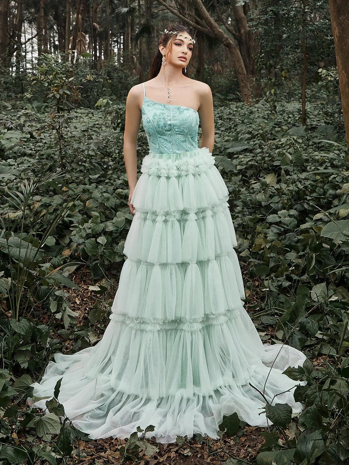 One-Shoulder Sequin Tulle Sleeveless A-Line Evening Gown — authorized product image 1