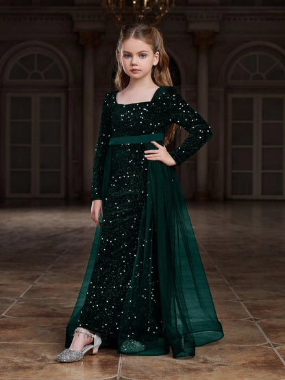 Additional product view of Square-Neck Sequin Mermaid Long-Sleeve Maxi Tween Girls' Party Dress