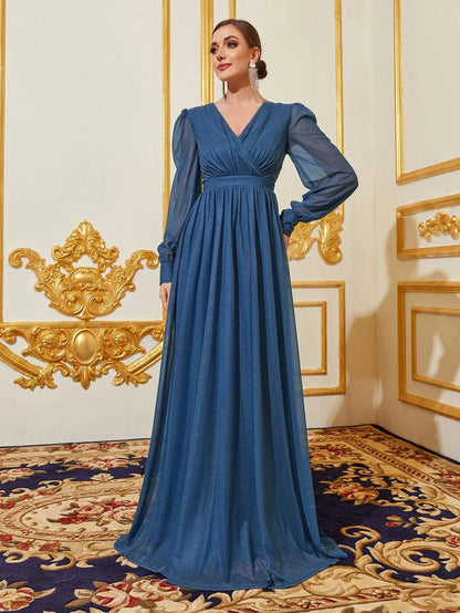 Additional product view of V-Neck Chiffon A-Line Long-Sleeve Maxi Evening Gown