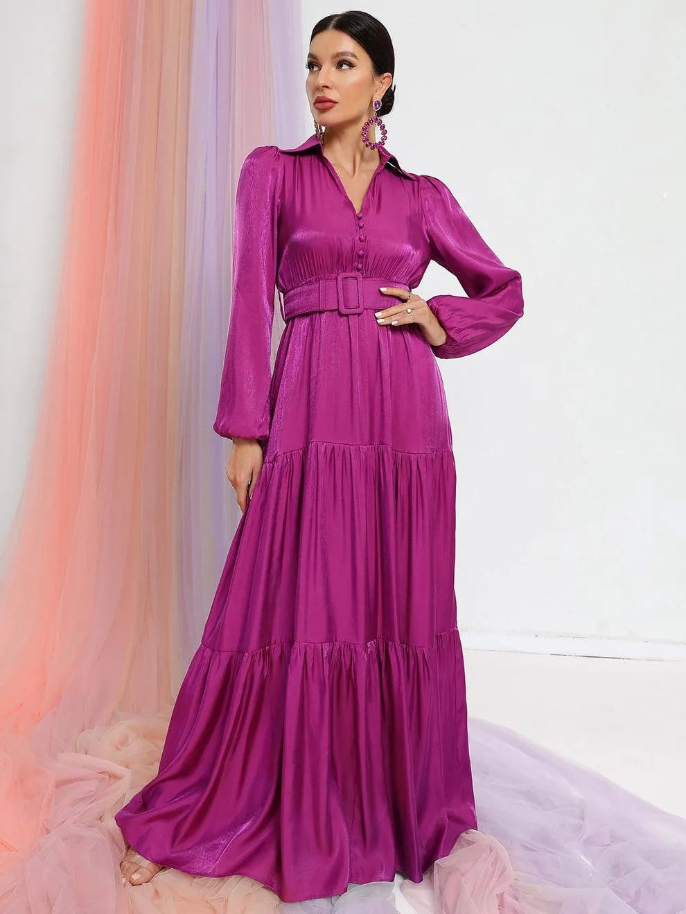 Additional product view of Belted Chiffon A-Line Long-Sleeve Maxi Evening Gown