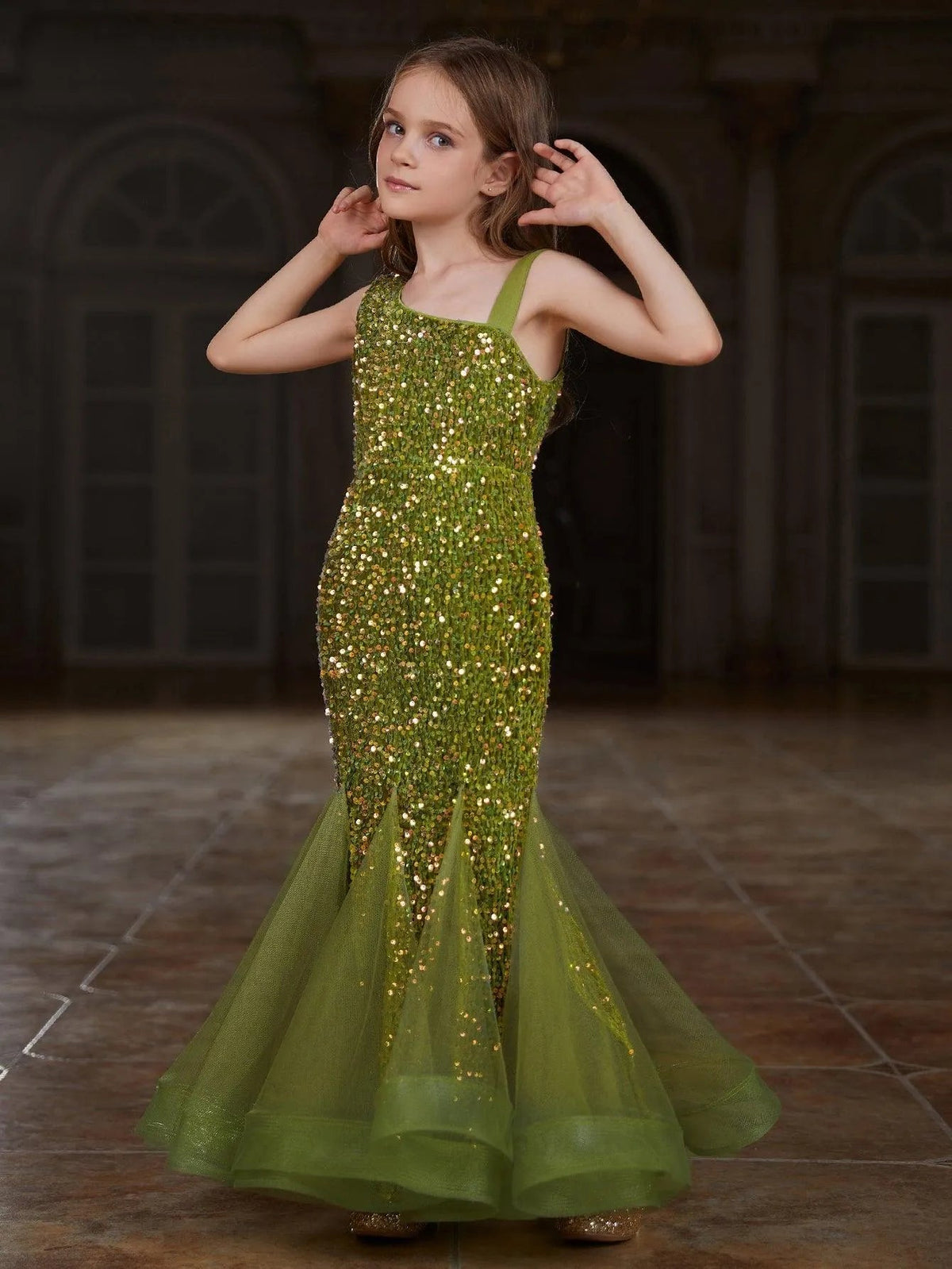 Additional product view of Mesh Insert Mermaid Hem One-Shoulder Sequin Sleeveless Tween Girls' Party Dress