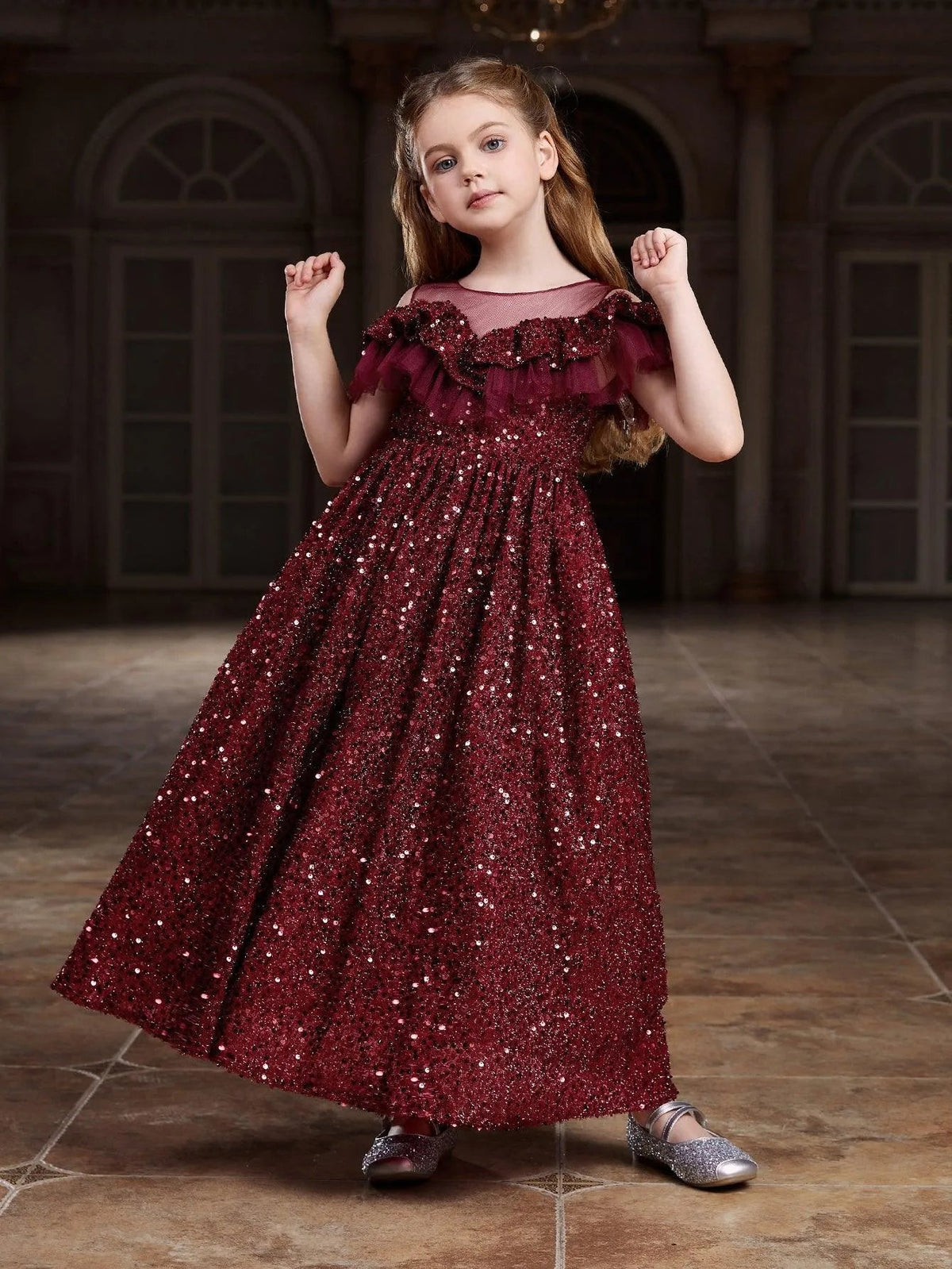Tween Girls' Round Neck Sequin Tulle Short-Sleeve A-Line Formal Gown — authorized product image 5