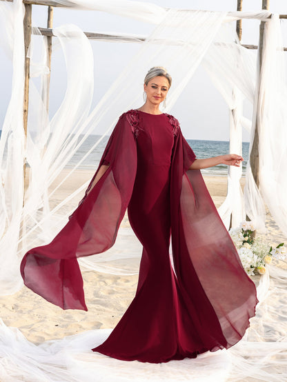 Mother-of-the-Bride Round Neck Chiffon Appliqué Half-Sleeve Mermaid Evening Gown — authorized product image 1