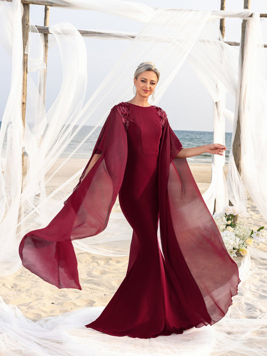 Mother-of-the-Bride Round Neck Chiffon Appliqué Half-Sleeve Mermaid Evening Gown — authorized product image 1