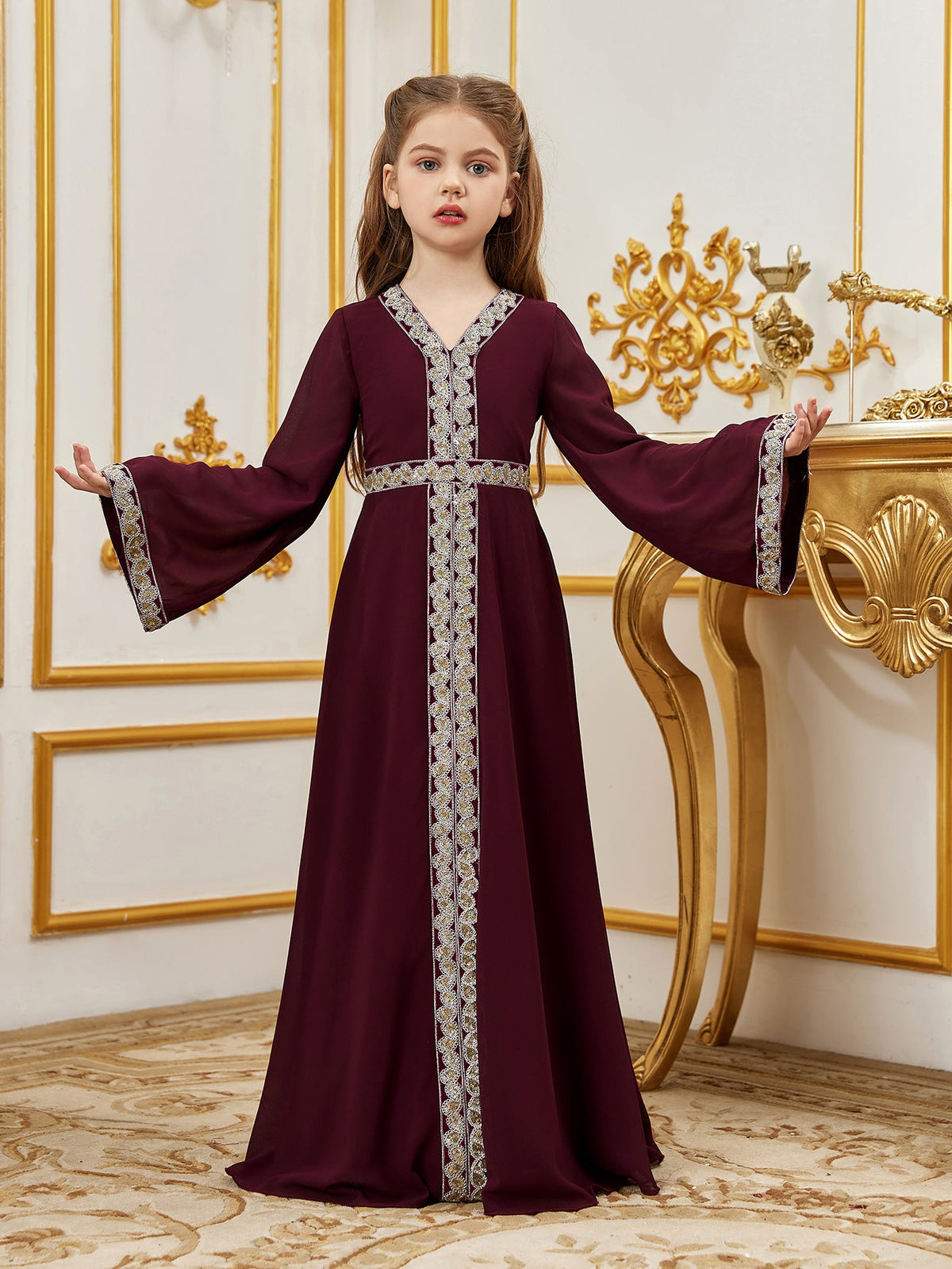 Tween Girls' Lace Trim Decoration V-neck Flare Sleeve Chiffon Party Dress — authorized product image 1