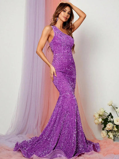 Additional product view of One-Shoulder Sequin Mermaid Sleeveless Maxi Evening Gown