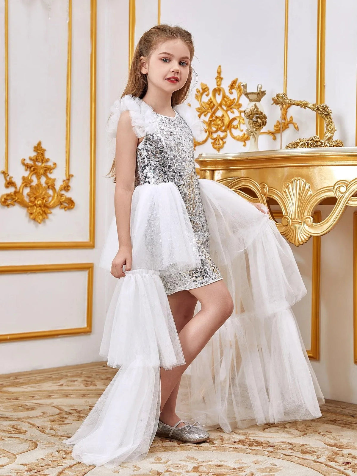 Additional product view of Layered Hem Sequin A-Line Sleeveless Mesh Midi Tween Girls' Party Dress