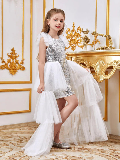 Additional product view of Layered Hem Sequin A-Line Sleeveless Mesh Midi Tween Girls' Party Dress