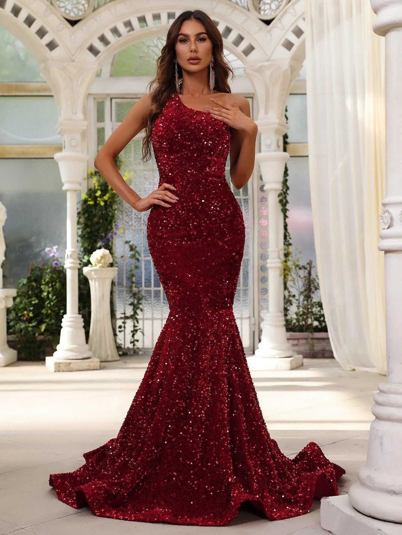 Alternate view of One-Shoulder Sequin Mermaid Sleeveless Maxi Evening Gown in Burgundy