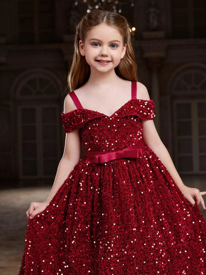 Additional product view of High-Low Hem Off-Shoulder Sequin A-Line Short-Sleeve Tween Girls' Party Dress