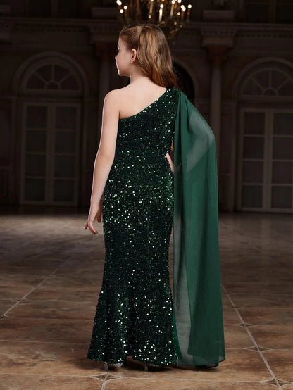 Additional product view of Draped Side One-Shoulder Sequin Mermaid Sleeveless Tween Girls' Party Dress