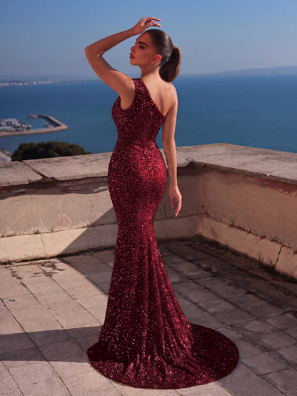 Additional product view of High-Slit Mermaid Hem One-Shoulder Sequin Sleeveless Evening Gown