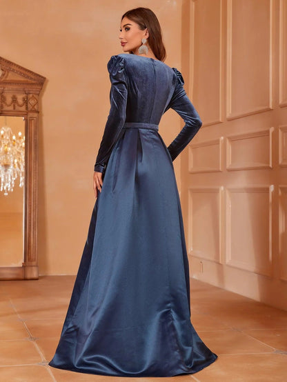 Additional product view of Surplice-Neck Belted V-Neck Satin A-Line Evening Gown