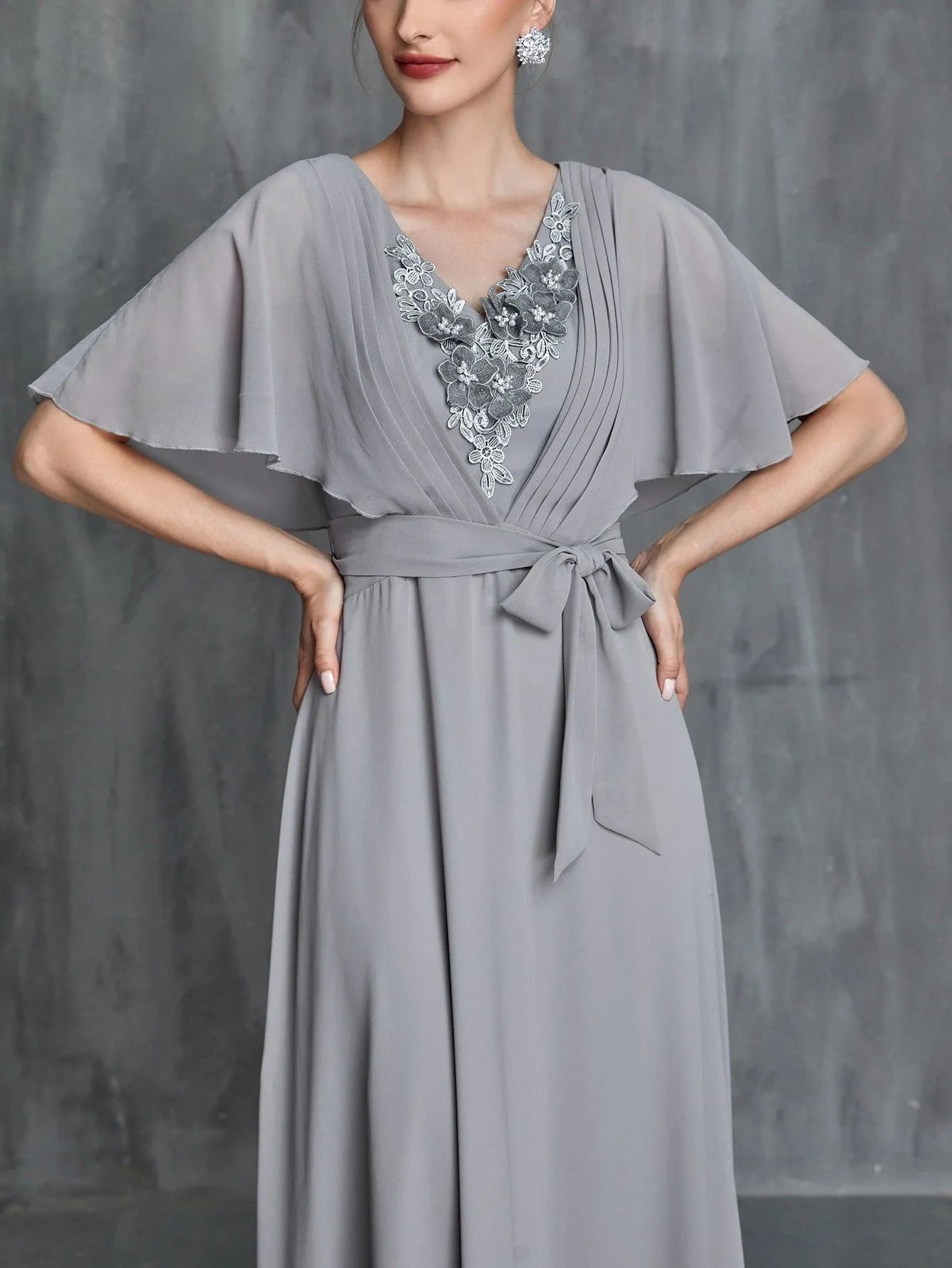 Additional product view of Belted Chiffon V-Neck Short-Sleeve A-Line Mother-of-the-Bride Dress