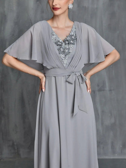 Additional product view of Belted Chiffon V-Neck Short-Sleeve A-Line Mother-of-the-Bride Dress