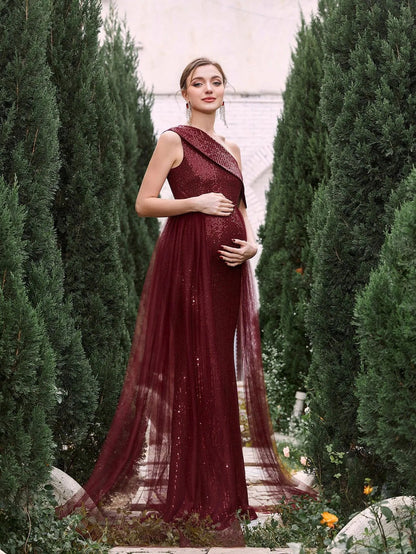 Additional product view of Mesh Overlay One-Shoulder Mermaid Sleeveless Sequin Maternity Evening Dress