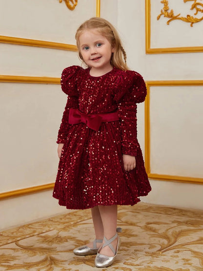 Young Girls' High Neck Sequin Long-Sleeve A-Line Formal Dress — authorized product image 6