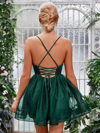 Additional product view of Mesh Overlay Cami Strap Sequin A-Line Sleeveless Mini Party Dress