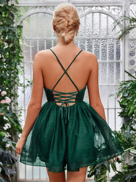 Additional product view of Mesh Overlay Cami Strap Sequin A-Line Sleeveless Mini Party Dress