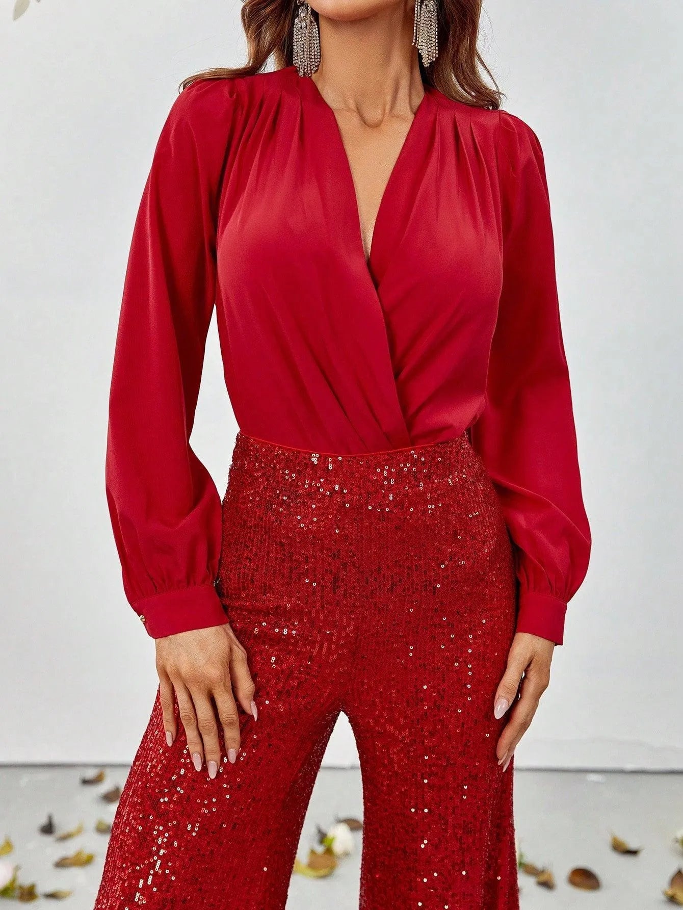 Additional product view of V-Neck Sequin Long-Sleeve Women's Two-Piece Formal Set