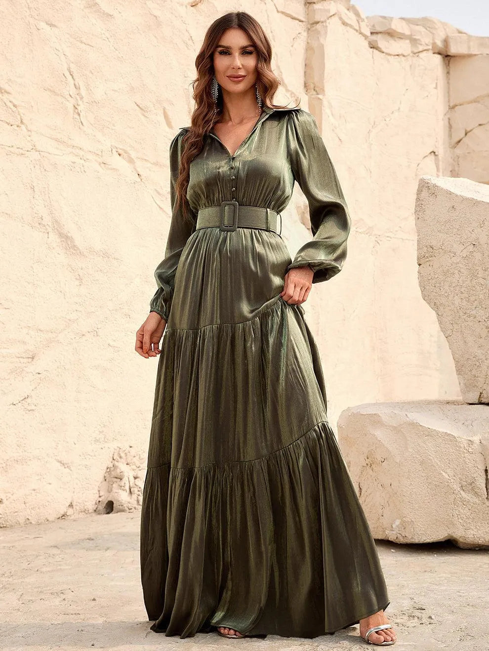 Alternate view of Belted Chiffon A-Line Long-Sleeve Maxi Evening Gown in Army Green