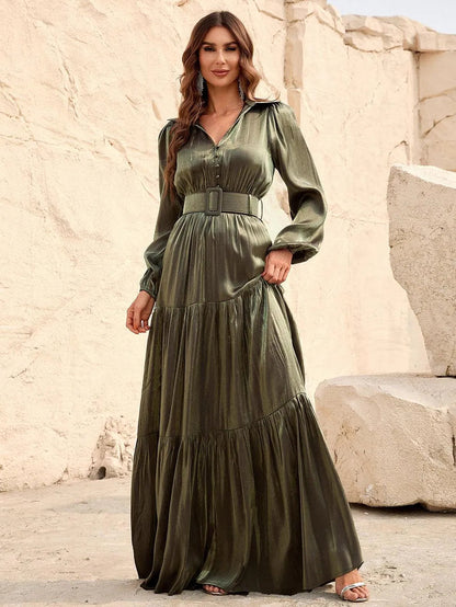 Alternate view of Belted Chiffon A-Line Long-Sleeve Maxi Evening Gown in Army Green