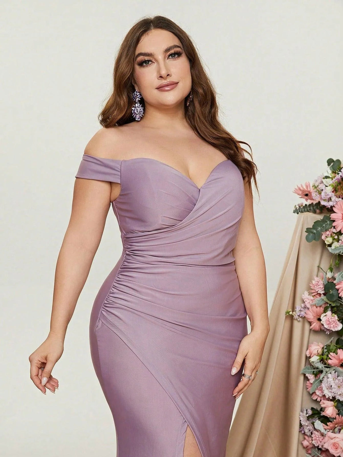 Additional product view of Ruched Wrap Plus-Size Off-Shoulder Knit High-Slit Evening Gown
