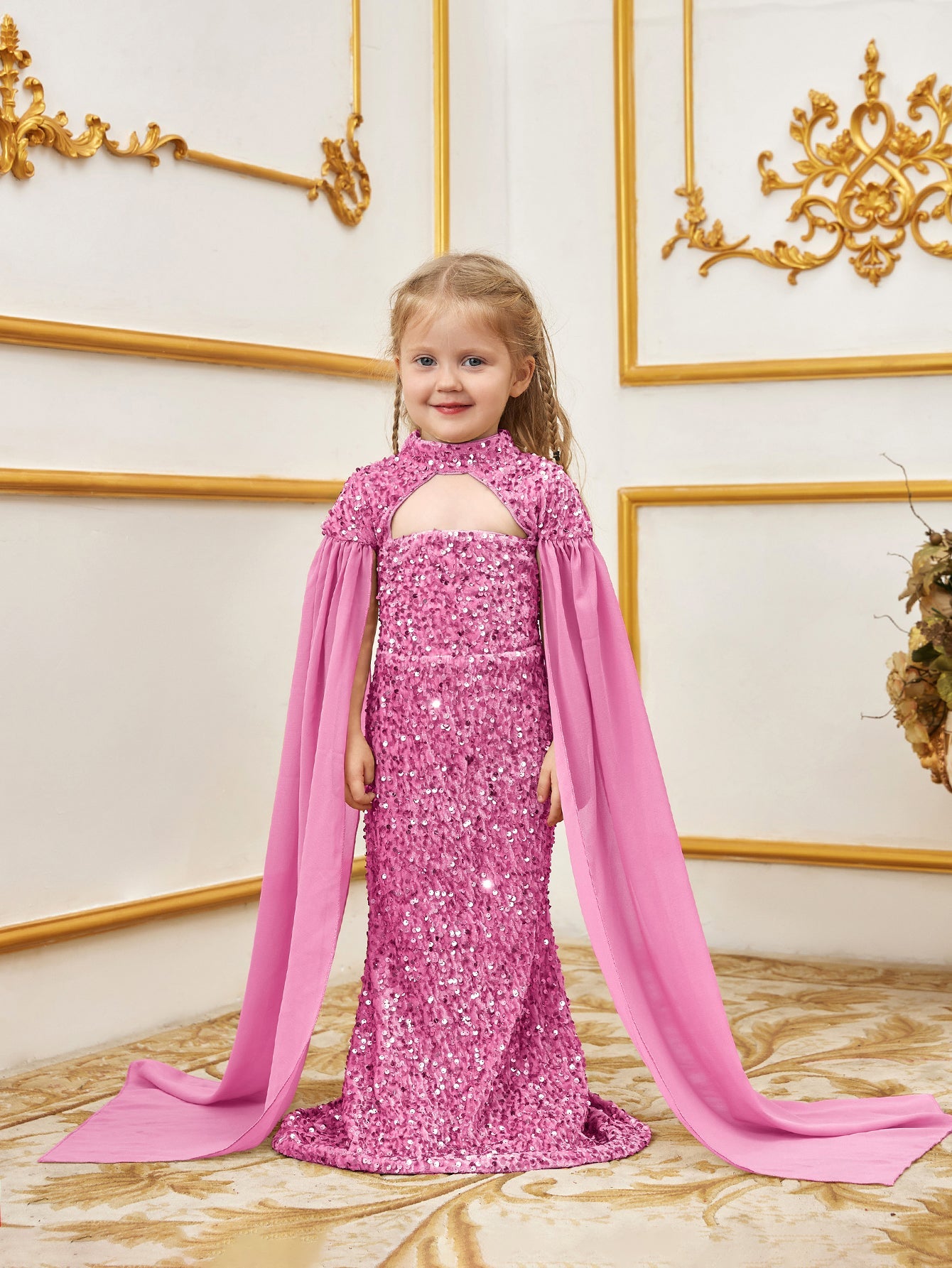 Additional product view of Cape-Sleeve Mock-Neck Sequin Mermaid Maxi Young Girls' Party Dress