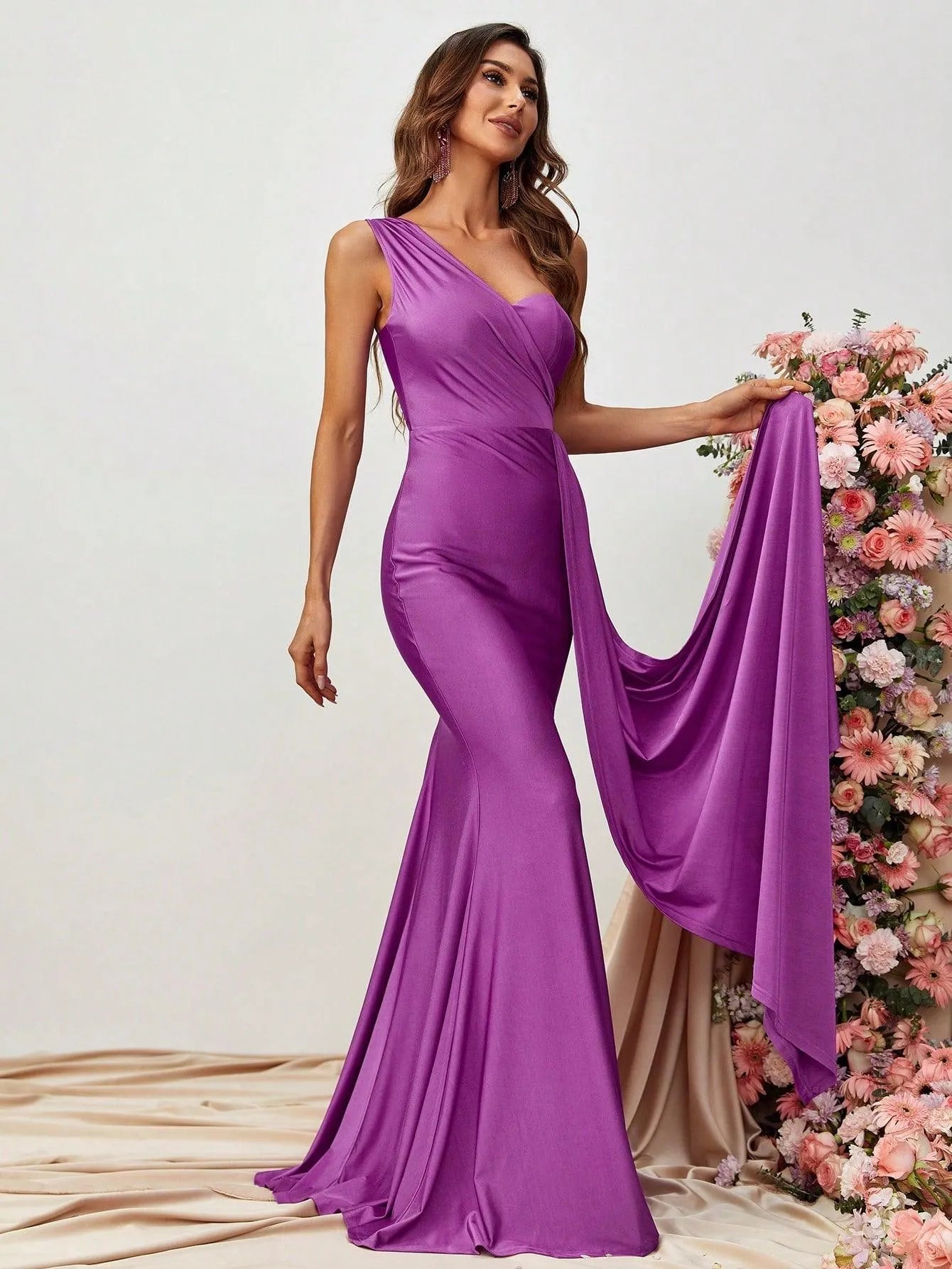 Additional product view of Draped Side High-Slit One-Shoulder Knit Mermaid Evening Gown
