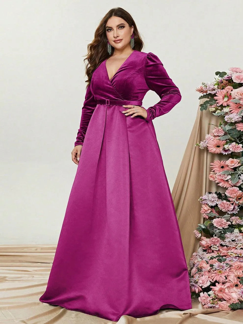 Plus V Neck Long Sleeve Belted Satin A Line Dress