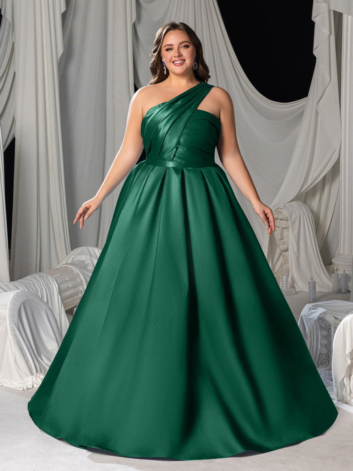 Plus-Size One-Shoulder Satin Pleated Sleeveless A-Line Evening Gown — authorized product image 3