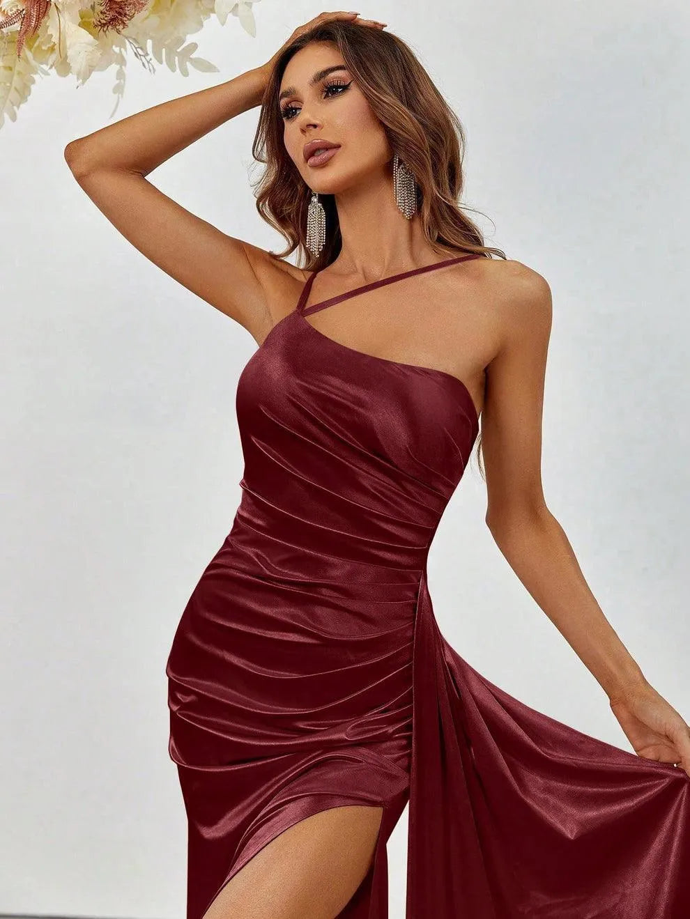 Additional product view of Asymmetrical Mermaid Hem Satin High-Slit Sleeveless Evening Gown