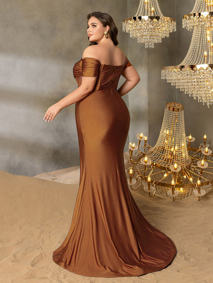 Plus Off-Shoulder Mermaid Gown with Ruching | Silver Belt & High Side Slit