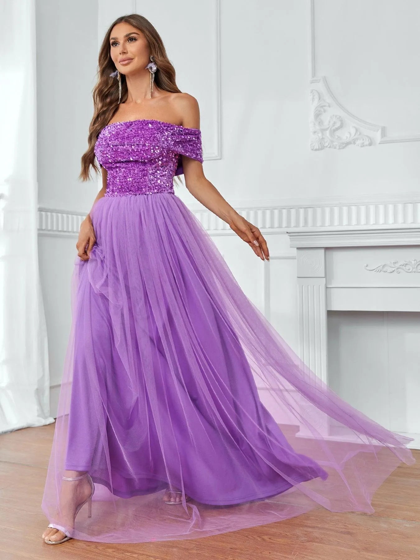 Off-Shoulder Sequin Bodice Mesh Hem Dress – view 5