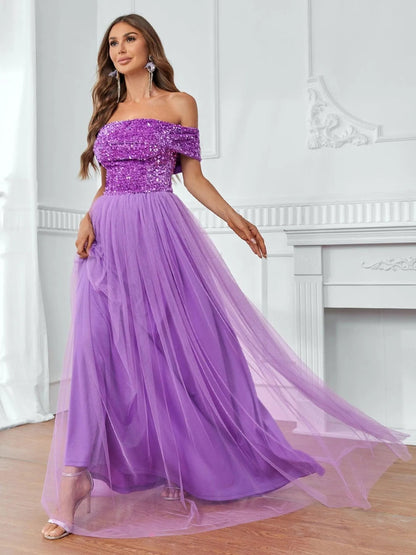 Off-Shoulder Sequin Bodice Mesh Hem Dress – view 5
