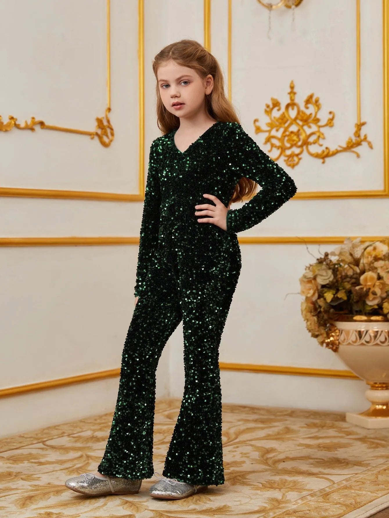 Tween Girls' V-Neck Sequin Long-Sleeve Jumpsuit — authorized product image 4