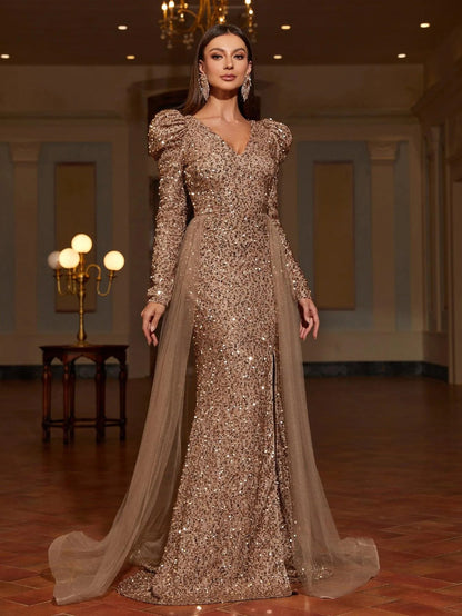 Gigot Sleeves Split Mermaid Hem Sequin Formal Dress
