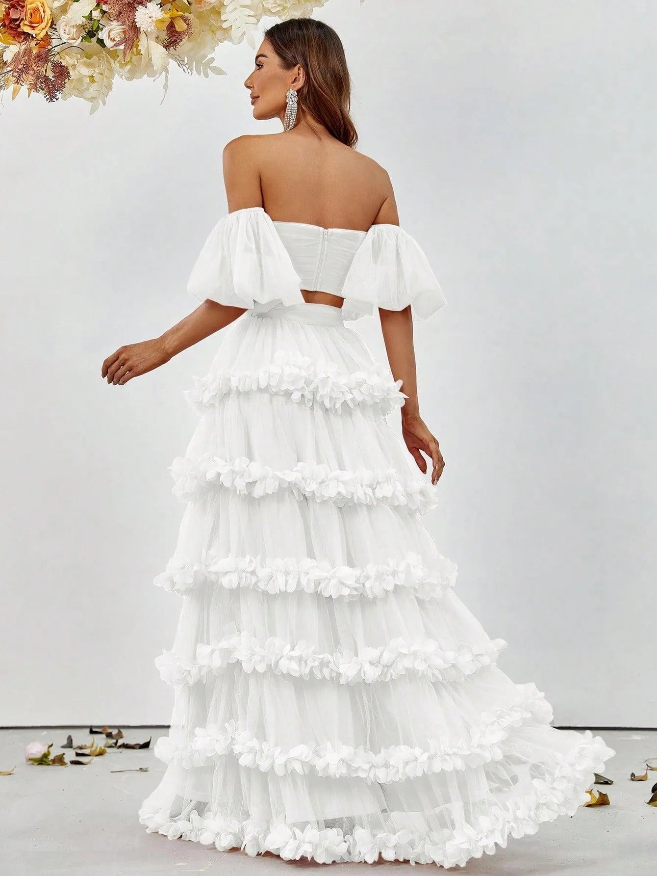 Off-Shoulder Puff Sleeve Crop Top & Frill Trim Mesh Skirt – view 8