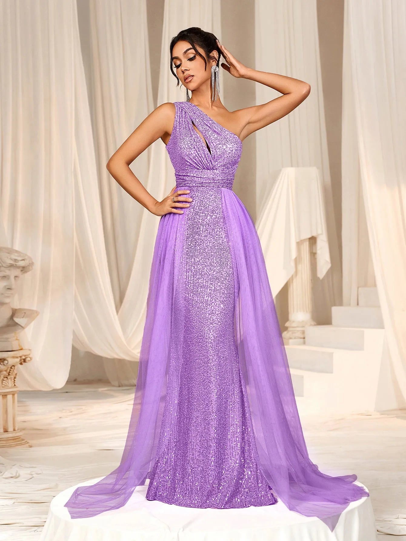 Alternate view of Mesh Overlay One-Shoulder Sequin Mermaid Sleeveless Evening Gown in Purple