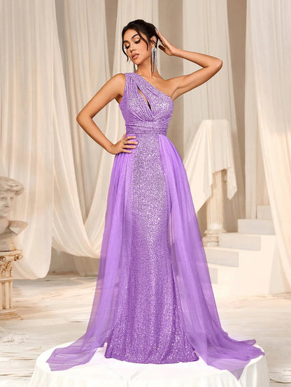 Alternate view of Mesh Overlay One-Shoulder Sequin Mermaid Sleeveless Evening Gown in Purple