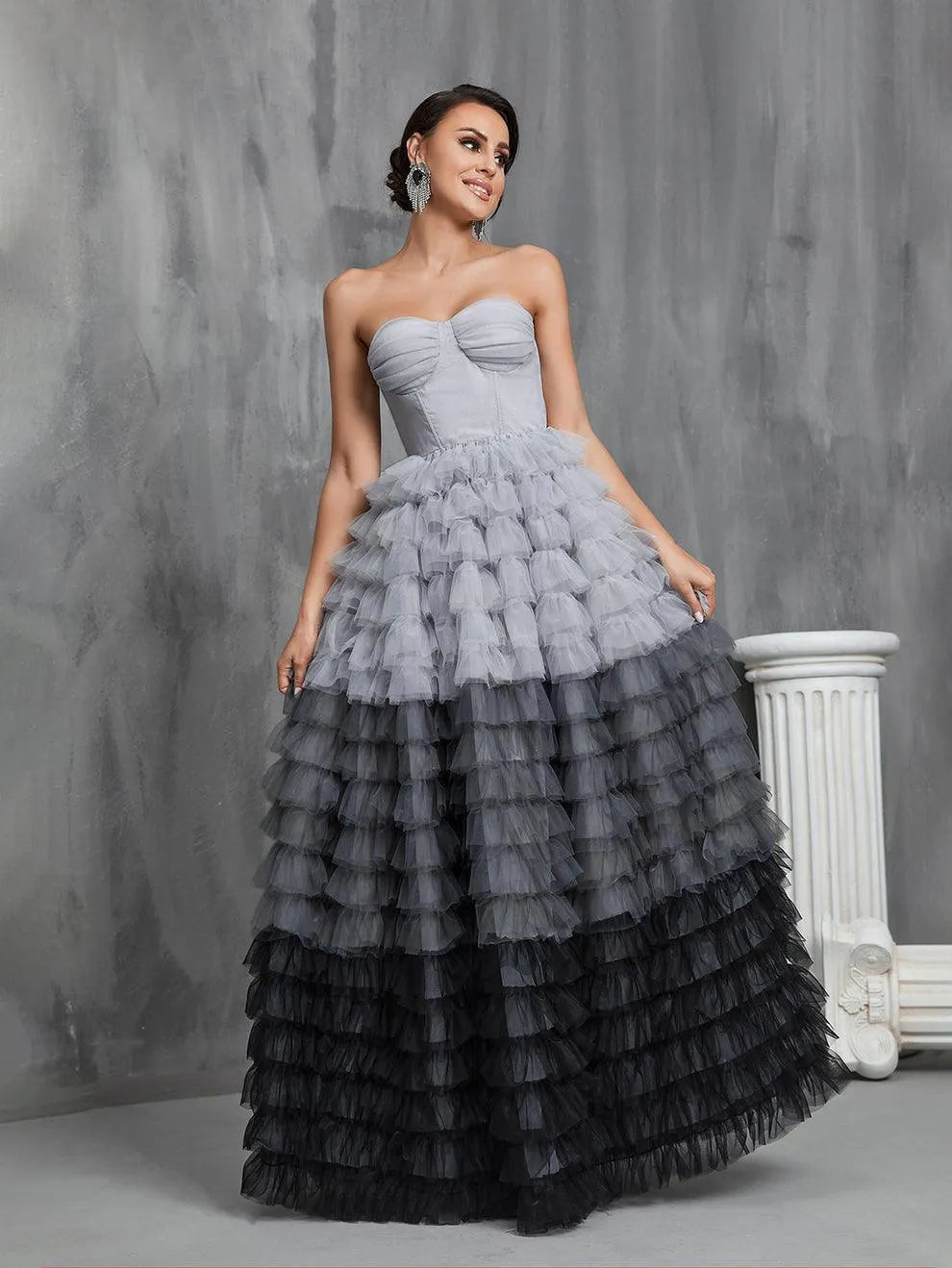 Alternate view of Mesh Strapless Sleeveless A-Line Maxi Wedding Dress in Grey