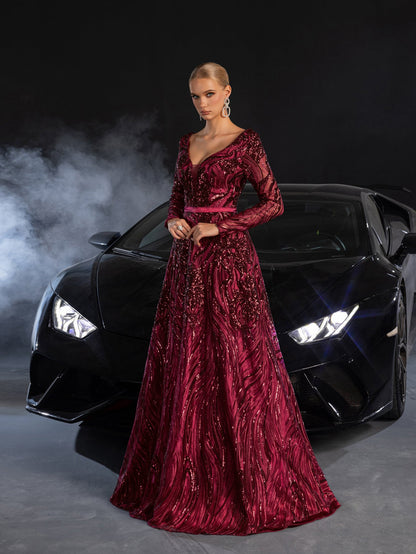 Elegant Plunging Neck Lace-up Back Graphic Sequin Formal Prom Dress