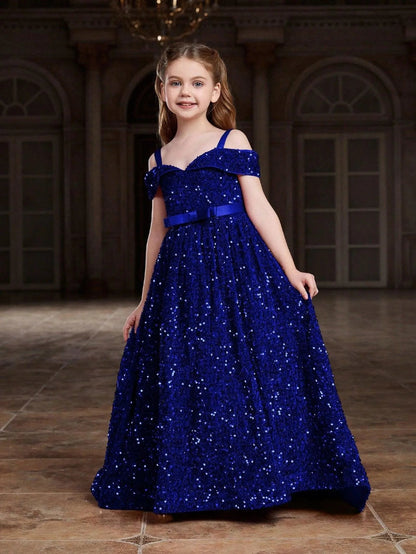 Additional product view of High-Low Hem Off-Shoulder Sequin A-Line Short-Sleeve Tween Girls' Party Dress