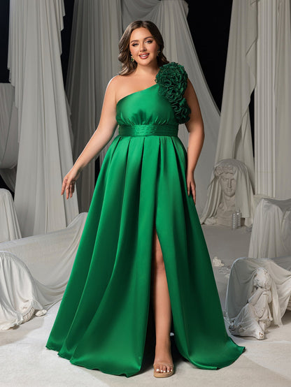 Plus Women's One-Shoulder Formal Dress | Statement Ruffle Trim Accent | Corset Back & High Split – view 4