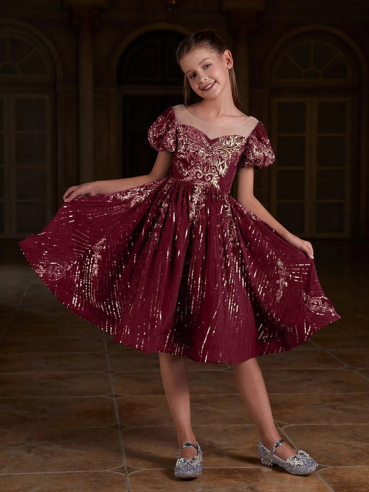 Additional product view of Puff-Sleeve Sequin A-Line Midi Tween Girls' Party Dress
