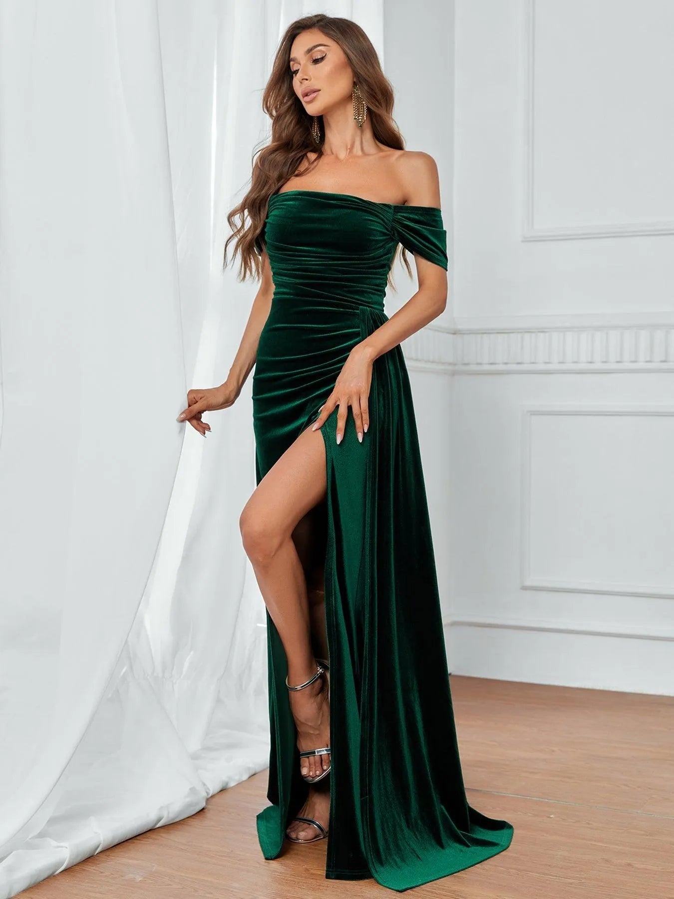 Off-Shoulder Ruched Front Draped Side Velvet Party Dress – view 6